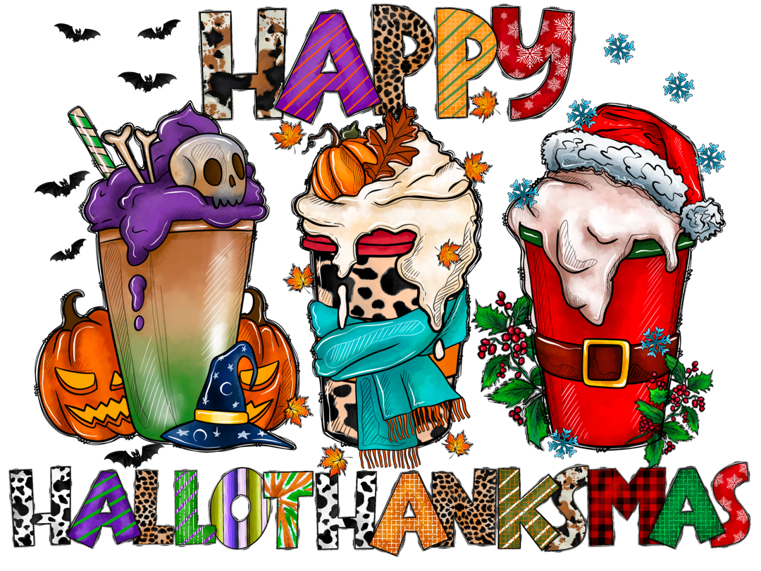 Happy Hallothanksmas Coffee DTF Transfer